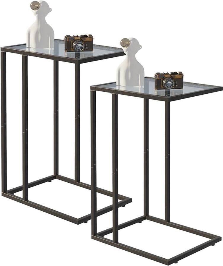 C-vormige bijzettafel set van 2 glazen bijzettafel voor bank banktafel met metalen frame salontafel voor woonkamer slaapkamer nachtkastje zwart