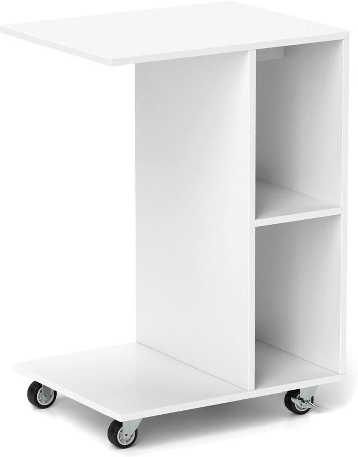 C-vormige bijzettafel – Smalle mobiele tafel met opbergplanken en vergrendelbare wielen – Wit