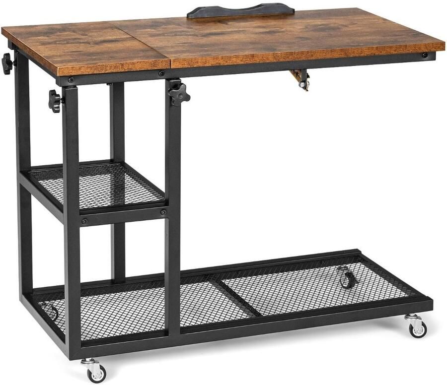 C-vormige bijzettafel – Verstelbaar blad met vergrendelbare wielen stalen frame industrieel design – Bruin Kastanjebruin