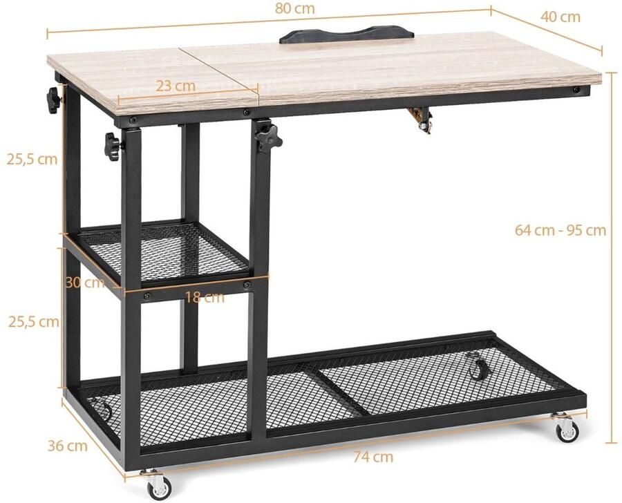 C-vormige bijzettafel – Verstelbaar blad met vergrendelbare wielen stalen frame industriële stijl – Bruin Kastanjebruin