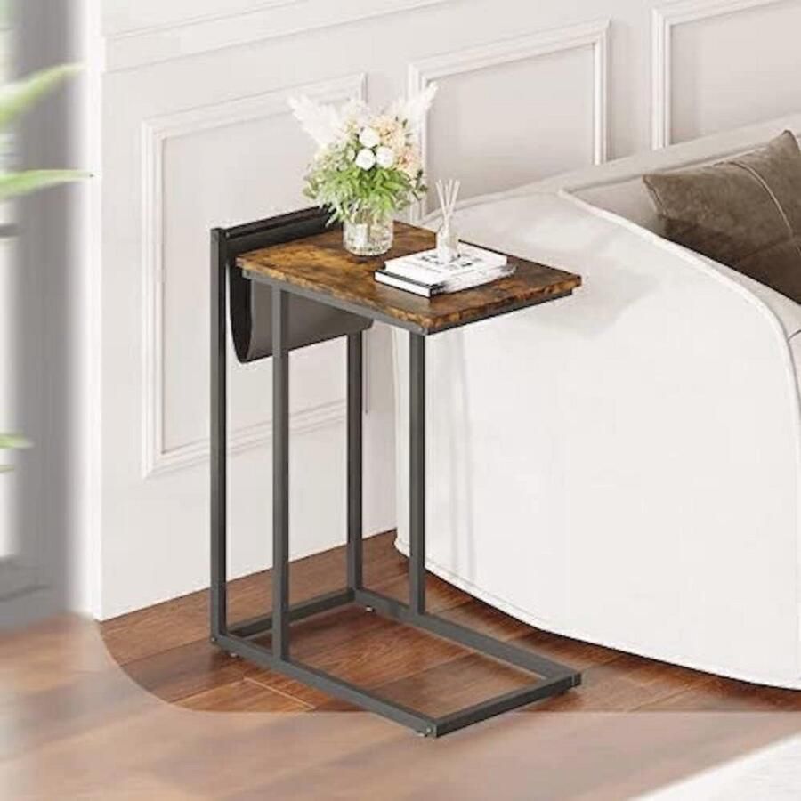 C-vormige Bijzettafel voor Woonkamer en Slaapkamer Metalen Frame en Tijdschriftenhouder
