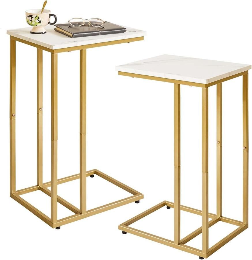 C-vormige bijzettafelset modern en multifunctioneel 2 stuks faux marmer en goud 40 6 x 30 5 x 63 5 cm