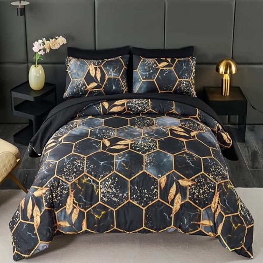 California kingsize bed in een tas 7 delige aquarel gouden bladeren dekbed set met lakens in marmerlook