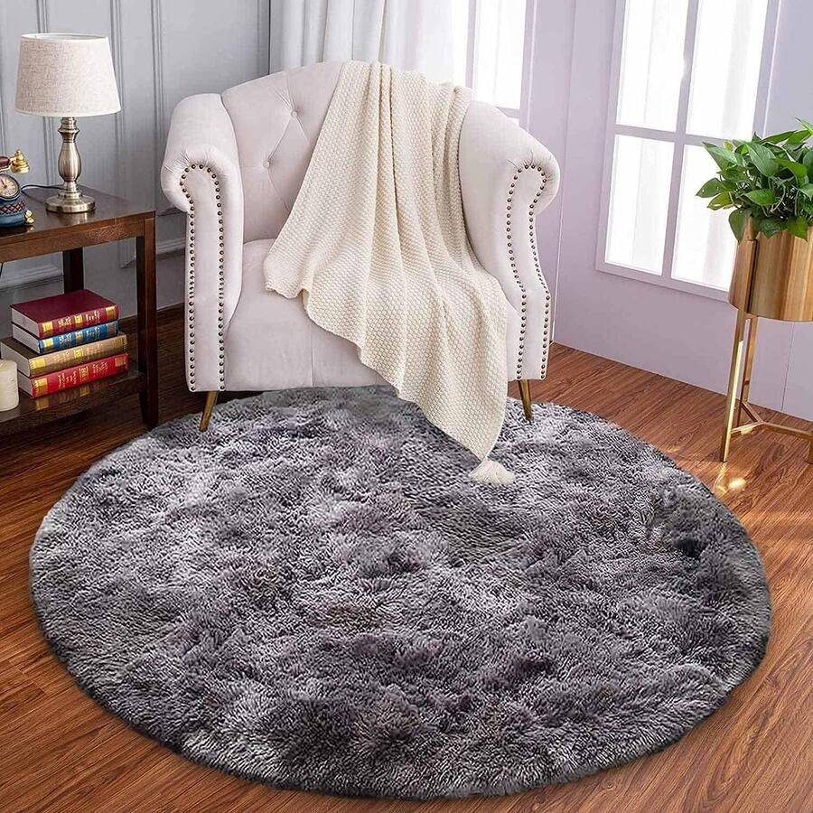 Calore Harig hoogpolig vloerkleed voor de woonkamer rond modern slaapkamertapijt comfortabel shaggy vloerkleed interieurdecoratietapijt (grijs zwart 160 cm)