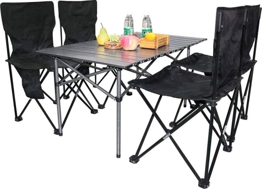 Camping draagbare klaptafels & 4 stuks stoelen set opvouwbare picknick bijzettafel en stoelen met draagtas opbergtas zwart