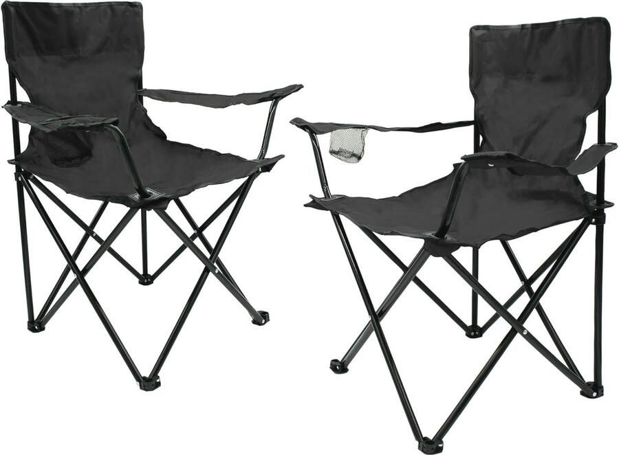 Camping Klapstoel Set van 2 Zwart Inklapbare Stoel met Bekerhouder en Draagtas Ideaal voor Festival Tuin en Vissen