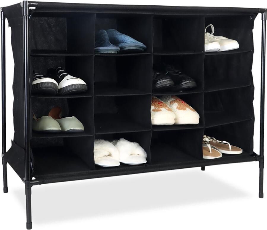 Camping schoenenkast 16 vakken 65 x 84 x 36 cm stof zwart