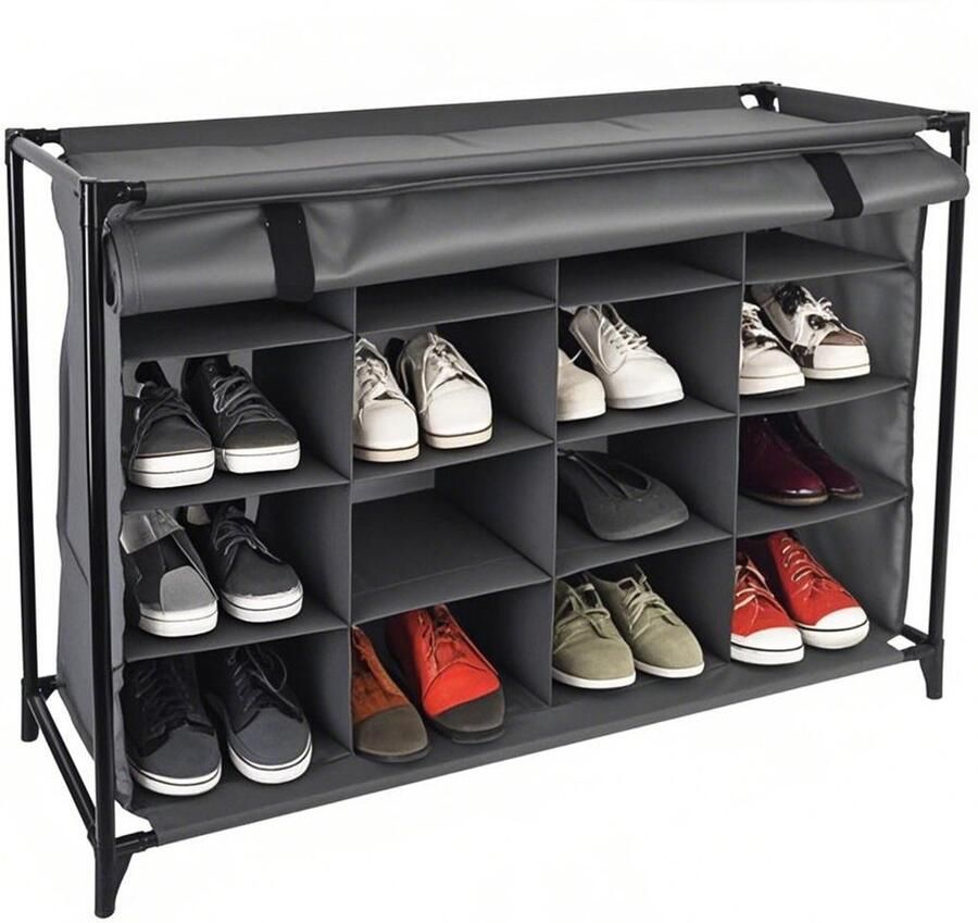 Camping schoenenkast met gordijn 16 vakken 65x85x35 5 cm stof grijs