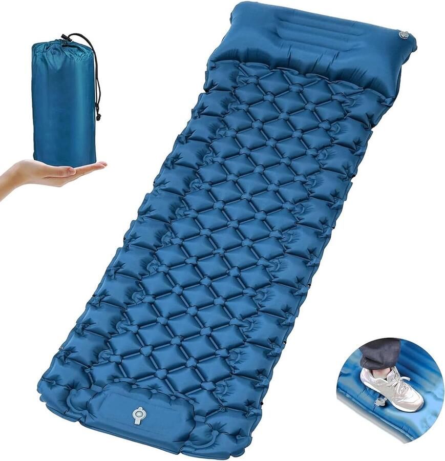 Camping zelfopblazende slaapmat zelfopblazende slaapmat strandmat verdikte opblaasbare matras met voetperspomp opvouwbare slaapmat voor wandelen buiten strand blauw