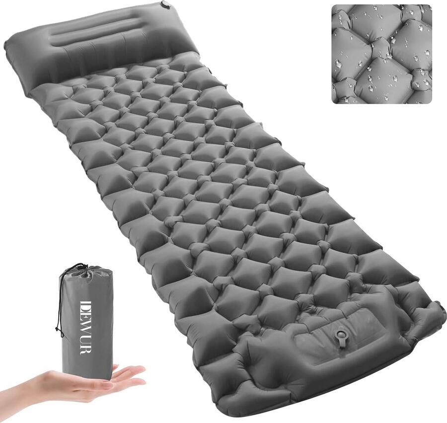 IDEAVUR Campingmat zelfopblazend 10 cm dik ultralicht outdoor opblaasbaar luchtmatras campingmat slaapmat met kussen voetpomp (grijs)