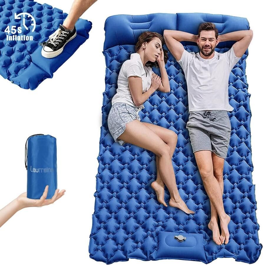 JGS Campingslaapmat voor 2 personen buiten luchtbed zelfopblazende slaapmat ultralicht matras extra brede campingslaapmat met voetpomp voor wandelrugzak strand 125x200cm (blauw)