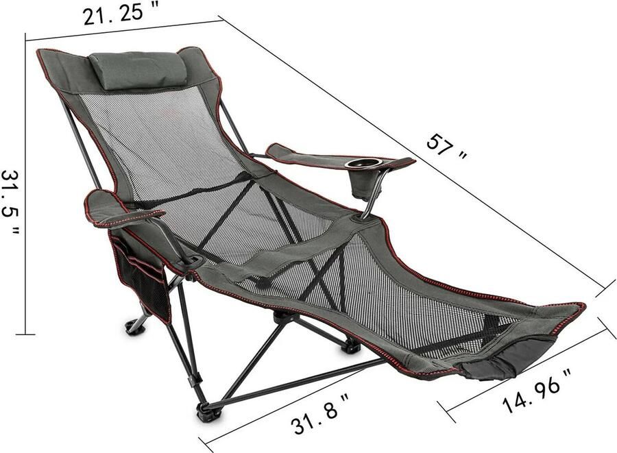 Campingstoel Ligbed Opvouwbaar Ademende Stof Verstelbare Rugleuning Incl. Bekerhouder Strandstoel Visstoel Ligbed Tuin Met Draagtas- 18x90cm Grijs