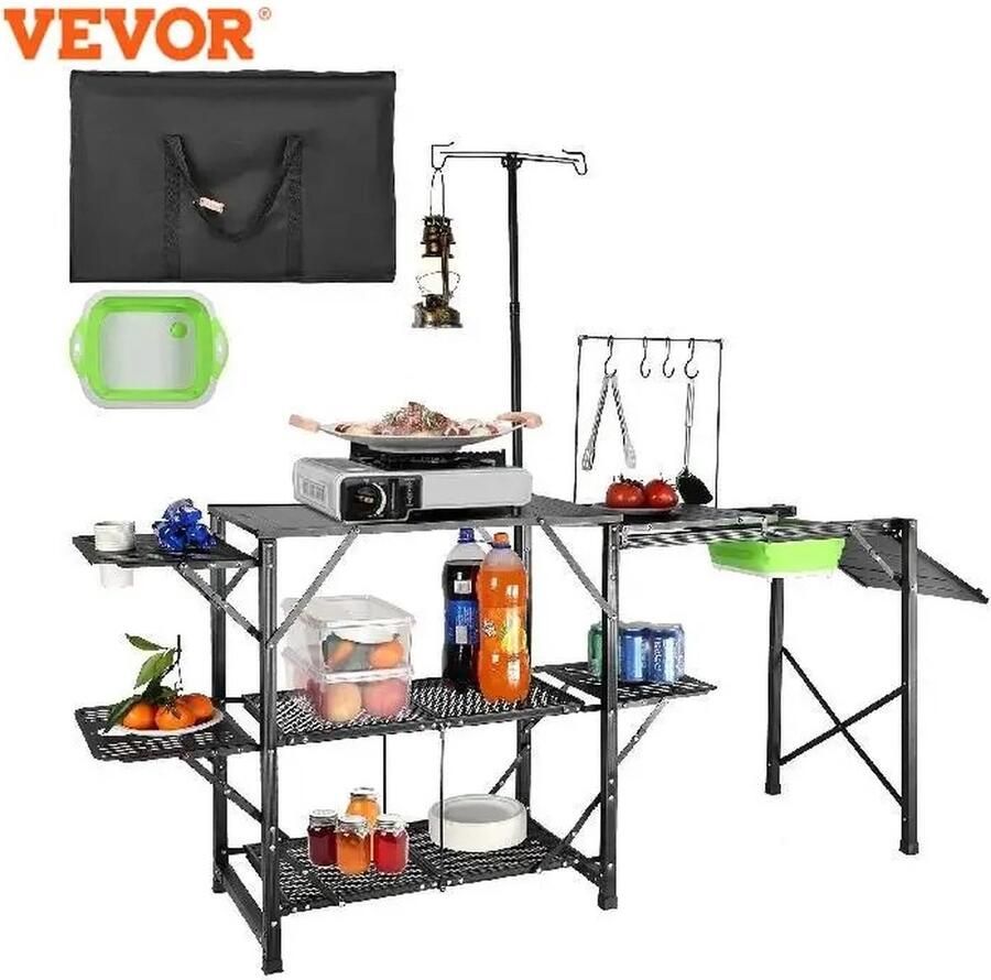 JKN Shop Campingtafel inklapbaar met Gootsteen Keuken 174x50x160cm Incl. Opbergtas Zwart
