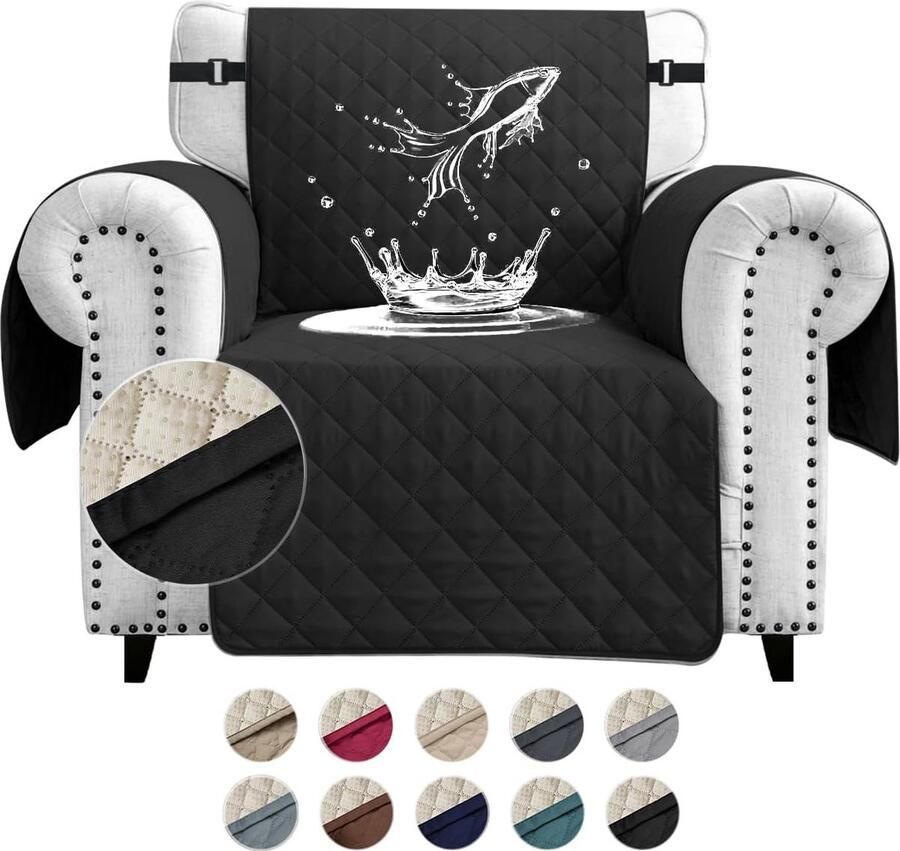 Candala aterdichte bankovertrek 1-zits dikke bankbeschermer waterdicht omkeerbaar doorgestikt met zijzakken antislip krasbestendig voor huisdieren honden en katten zwart