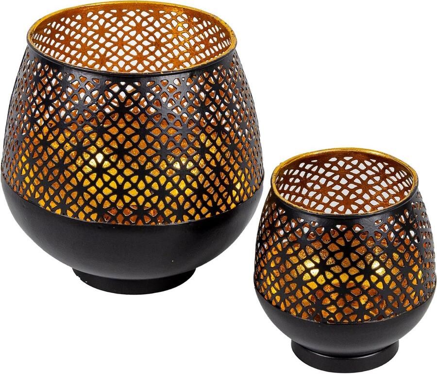 Candala heelichthouder Zwart Goud Windlicht Eettafel Decoratie 2-delig Set Theelichthouder van Metaal met Ornamenten Metaal Decoratie Zwart Tafeldecoratie Windlicht Zwart-10 x 9cm & 16 x 15cm