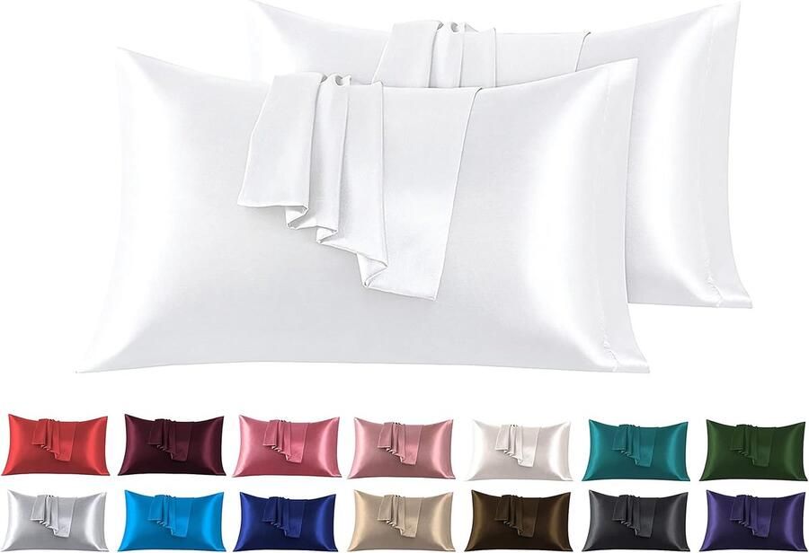 Candala Set van 2 Satijn kussenslopen 50 x 80 cm Zacht en Zijdig Bed Kussen Wit Envelop Sluiting Anti-mijt en Hypoallergeen Haar en Huid Bescherming tegen rimpels