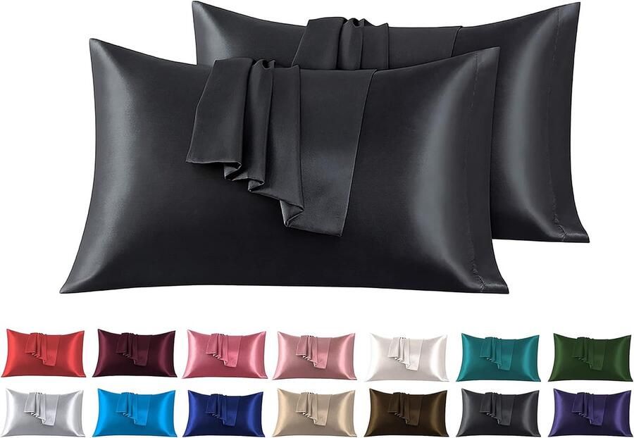 Candala Set van 2 Satijn kussenslopen 50 x 80 cm Zacht en Zijdig Bed Kussen Zwart Envelop Sluiting Anti-mijt en Hypoallergeen Haar en Huid Bescherming tegen rimpels