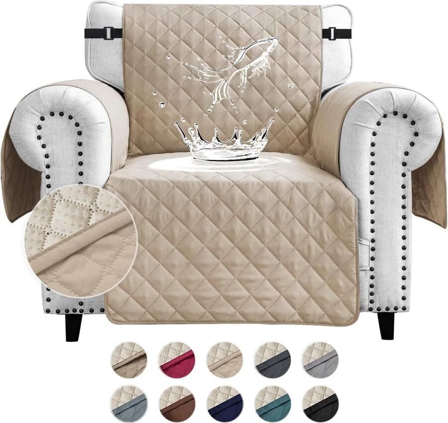 Candala Waterdichte bankovertrek 1-zits dikke bankbeschermer waterdicht omkeerbaar doorgestikt met zijzakken antislip krasbestendig voor huisdieren honden en katten beige