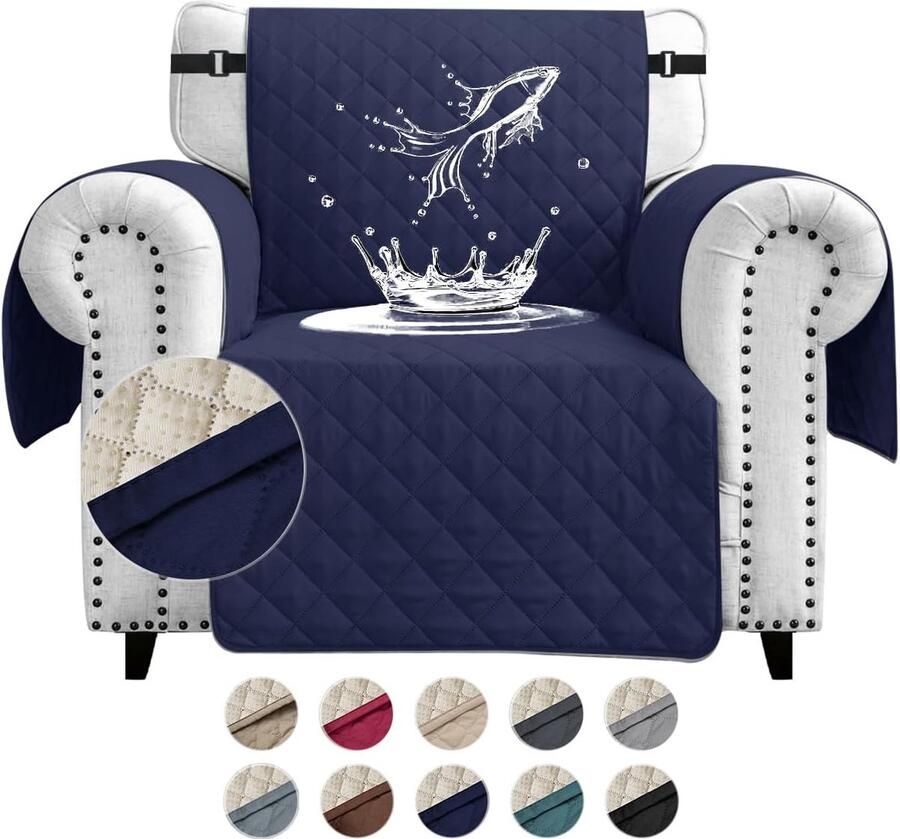 Candala Waterdichte bankovertrek 1-zits dikke bankbeschermer waterdicht omkeerbaar doorgestikt met zijzakken antislip krasbestendig voor huisdieren honden en katten marineblauw
