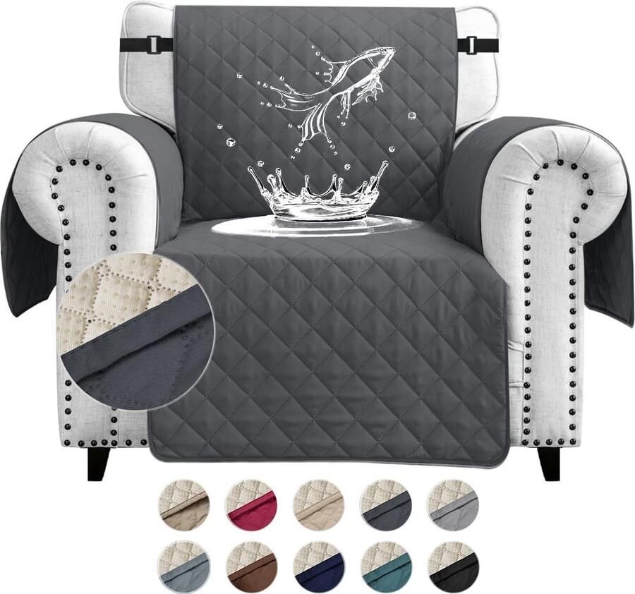 Candala Waterdichte bankovertrek 1-zits dikke bankbeschermer waterdicht omkeerbaar doorgestikt met zijzakken antislip krasbestendig voor huisdieren honden en katten donkergrijs