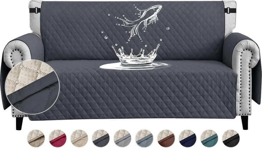 Candala Waterdichte bankovertrek 2-zits dikke bankbeschermer waterdicht omkeerbaar doorgestikt met zijzakken antislip krasbestendig voor huisdieren honden en katten donkergrijs
