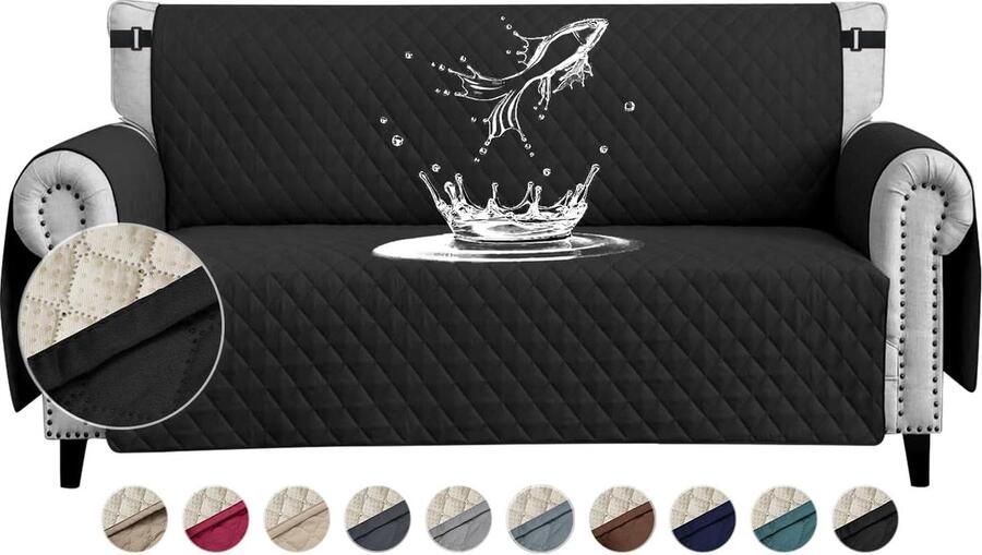 Candala Waterdichte bankovertrek 2-zits dikke bankbeschermer waterdicht omkeerbaar doorgestikt met zijzakken antislip krasbestendig voor huisdieren honden en katten zwart