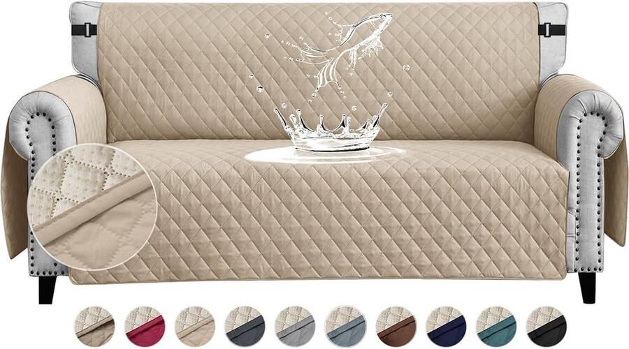 Candala Waterdichte bankovertrek 4-zits dikke bankbeschermer waterdicht omkeerbaar doorgestikt met zijzakken antislip krasbestendig voor huisdieren honden en katten beige