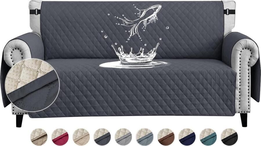 Candala Waterdichte bankovertrek voor 3-zits dikke bankbeschermer waterdicht omkeerbaar doorgestikt met zijzakken antislip krasbestendig voor huisdieren honden en katten donkergrijs