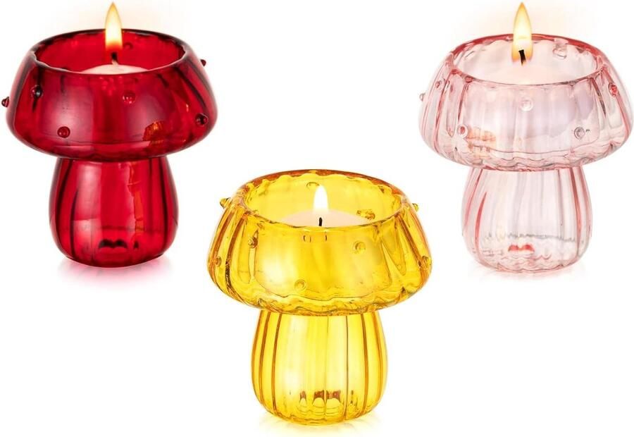 Candle Houder Set voor Vrouwen: 3 Stuks Schattige Paddenstoel Decoratie Kleurrijke Glazen Theelichthouders voor Woonkamer Landelijke Decoratie voor Tafel