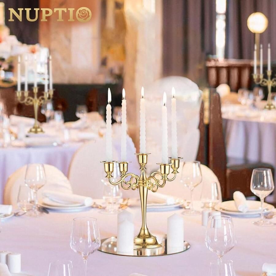 Candlestick Holders Gold 5 Arm Metal Stands 27cm High Taper Holder for Wedding Birthday Party Dining Table Living Room Fireplace Decorations