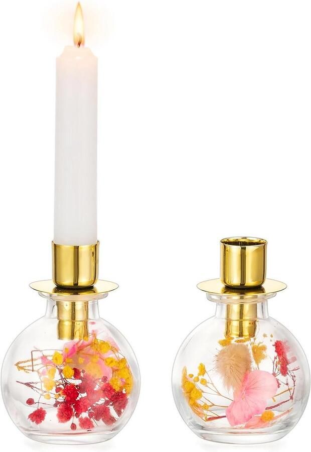 Allecto Plus Staafkaarsenhouder met Droogbloemen Gouden Kaarsenhouder Kerstcadeau voor Vrouwen Tafeldecoratie en Boho Decoratie Eettafel Accessoire voor Lente Sfeervolle Kandelaar met Glazen Houder Modern Design