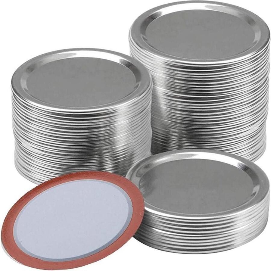 Canning Jar Lid Ring Set 100Pcs Normal Mouth Bands with Silicone Seals Leakproof Safe Caps