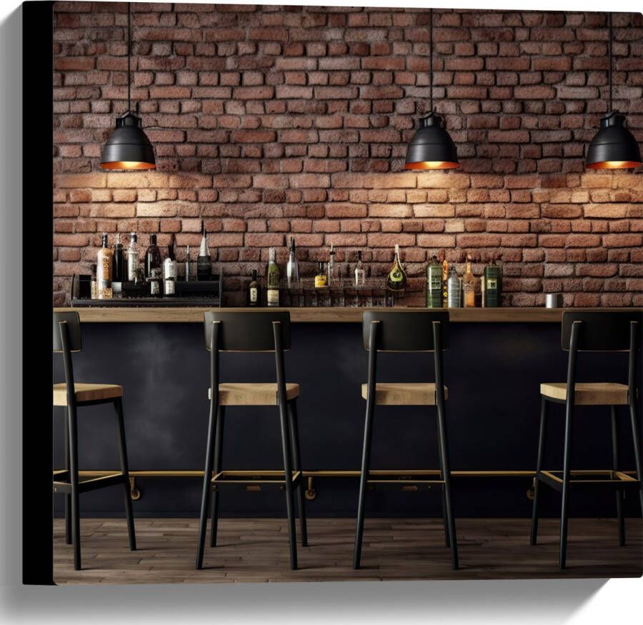 Canvas Bar Flessen Drank Krukken Lampen Hout Kleuren 40x40 cm Foto op Canvas Schilderij (Wanddecoratie op Canvas)