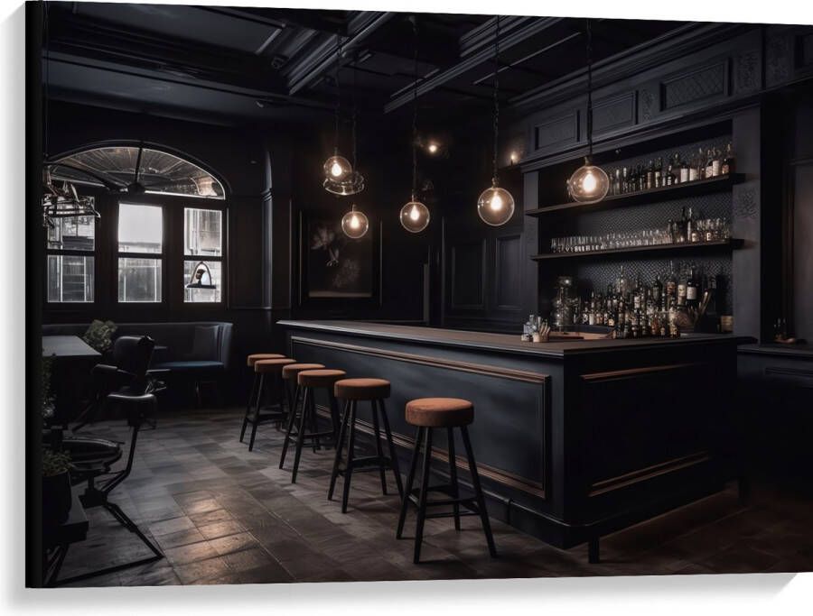 Canvas Bar Krukken Tafels Stoelen Planten Drank Flessen Zwart 100x75 cm Foto op Canvas Schilderij (Wanddecoratie op Canvas)
