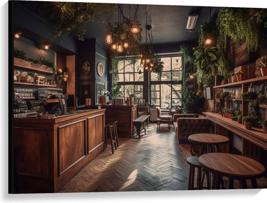 Canvas Bar Plantjes Groen Stoelen 100x75 cm Foto op Canvas Schilderij (Wanddecoratie op Canvas)