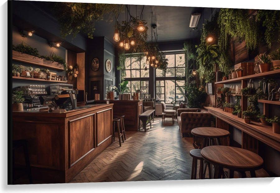 Canvas Bar Plantjes Groen Stoelen 120x80 cm Foto op Canvas Schilderij (Wanddecoratie op Canvas)