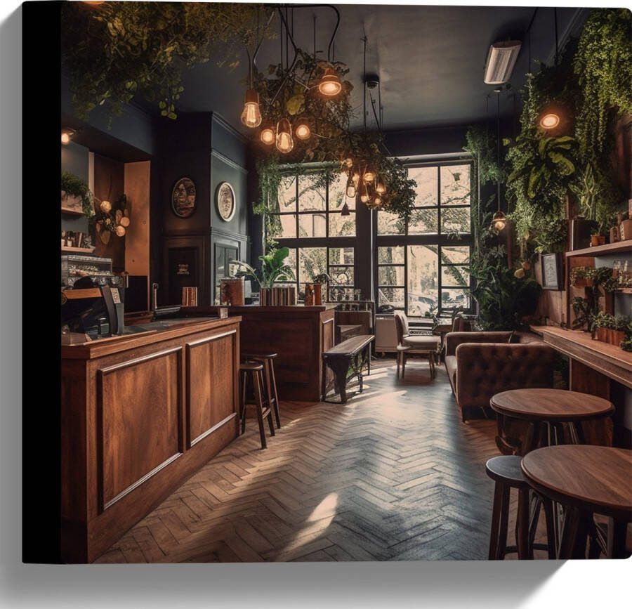 Canvas Bar Plantjes Groen Stoelen 30x30 cm Foto op Canvas Schilderij (Wanddecoratie op Canvas)