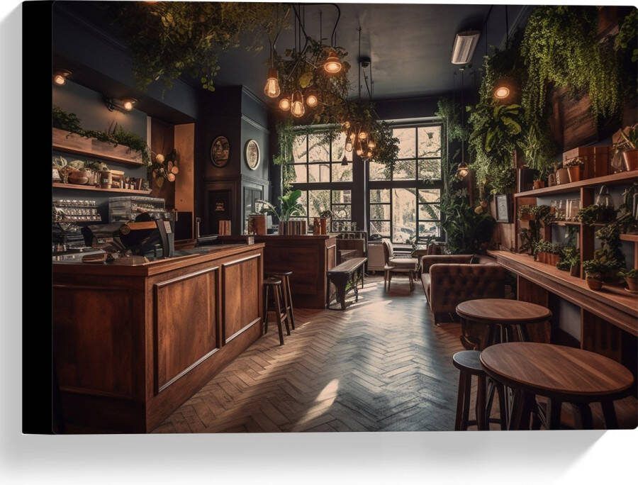 Canvas Bar Plantjes Groen Stoelen 40x30 cm Foto op Canvas Schilderij (Wanddecoratie op Canvas)