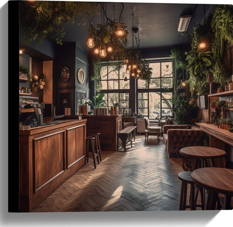Canvas Bar Plantjes Groen Stoelen 40x40 cm Foto op Canvas Schilderij (Wanddecoratie op Canvas)