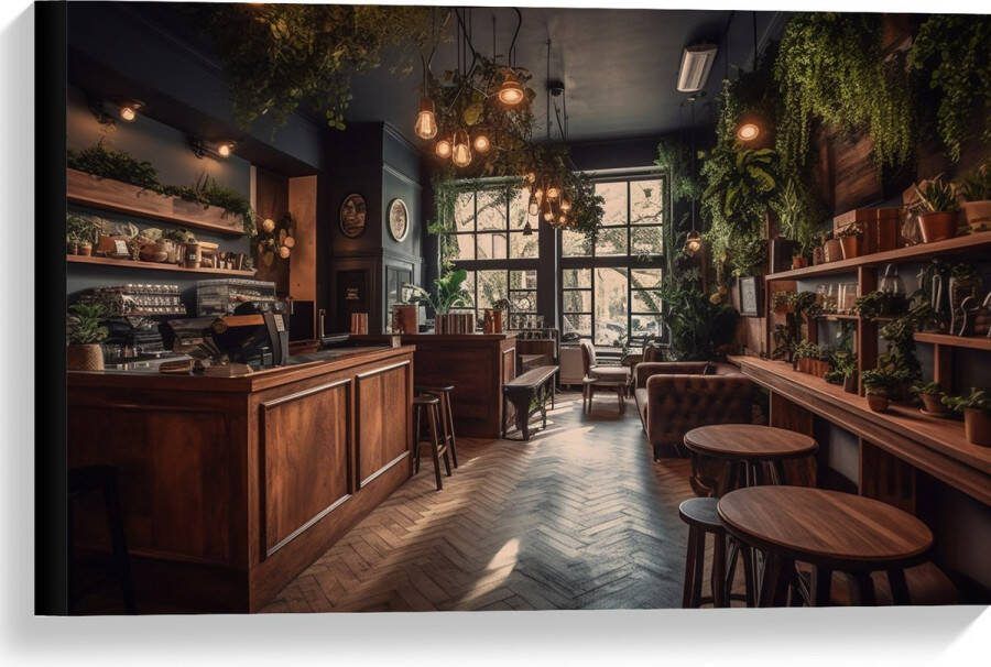 Canvas Bar Plantjes Groen Stoelen 60x40 cm Foto op Canvas Schilderij (Wanddecoratie op Canvas)