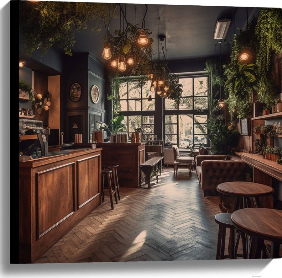 Canvas Bar Plantjes Groen Stoelen 60x60 cm Foto op Canvas Schilderij (Wanddecoratie op Canvas)