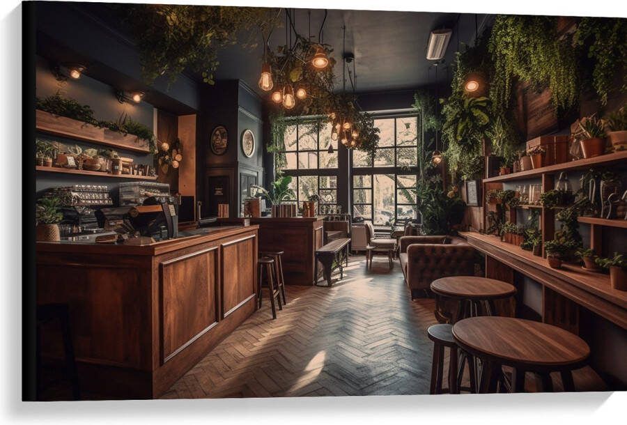 Canvas Bar Plantjes Groen Stoelen 90x60 cm Foto op Canvas Schilderij (Wanddecoratie op Canvas)