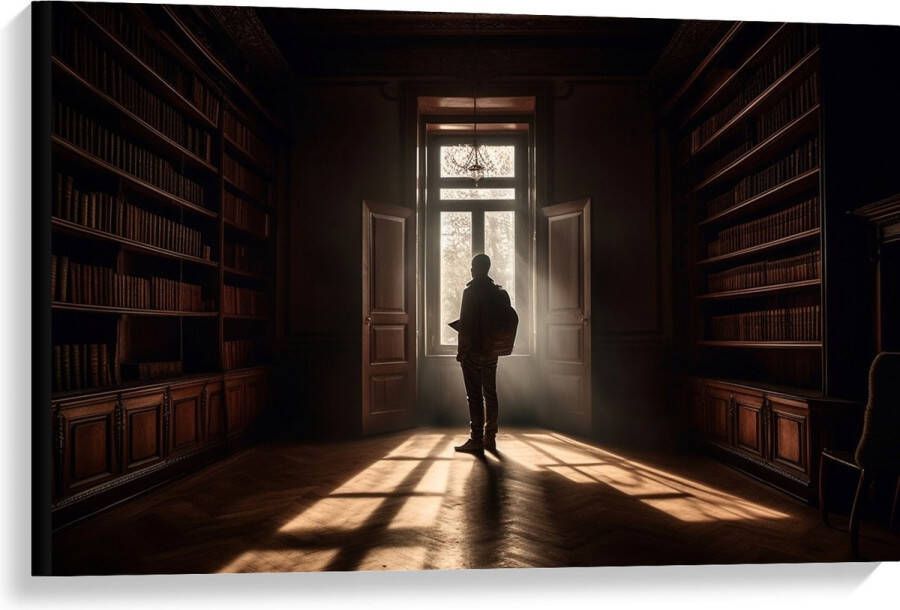 Canvas Bibliotheek Man Boeken Leeg 90x60 cm Foto op Canvas Schilderij (Wanddecoratie op Canvas)