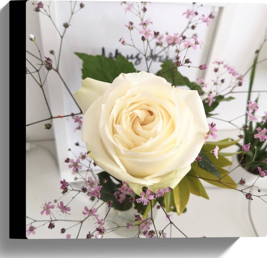 Canvas Bloemen Roos Bladeren Bureau Boeket Vaas 30x30 cm Foto op Canvas Schilderij (Wanddecoratie op Canvas)