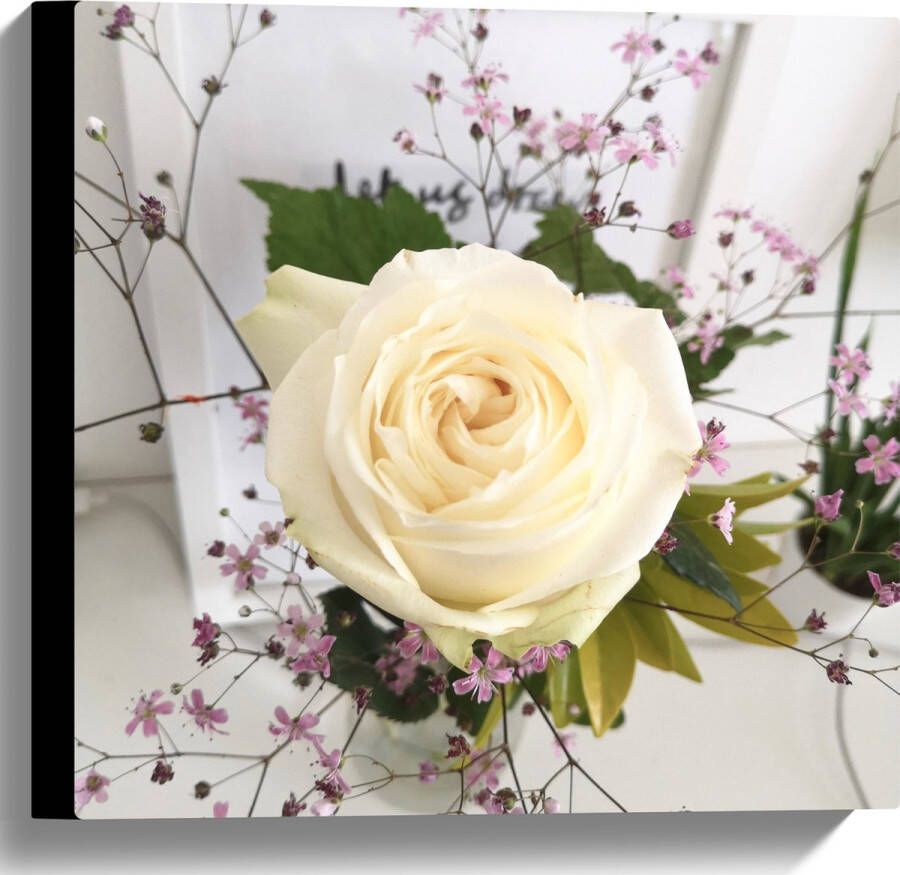 Canvas Bloemen Roos Bladeren Bureau Boeket Vaas 40x40 cm Foto op Canvas Schilderij (Wanddecoratie op Canvas)