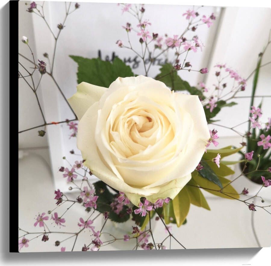 Canvas Bloemen Roos Bladeren Bureau Boeket Vaas 60x60 cm Foto op Canvas Schilderij (Wanddecoratie op Canvas)