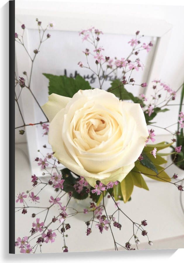 Canvas Bloemen Roos Bladeren Bureau Boeket Vaas 60x90 cm Foto op Canvas Schilderij (Wanddecoratie op Canvas)