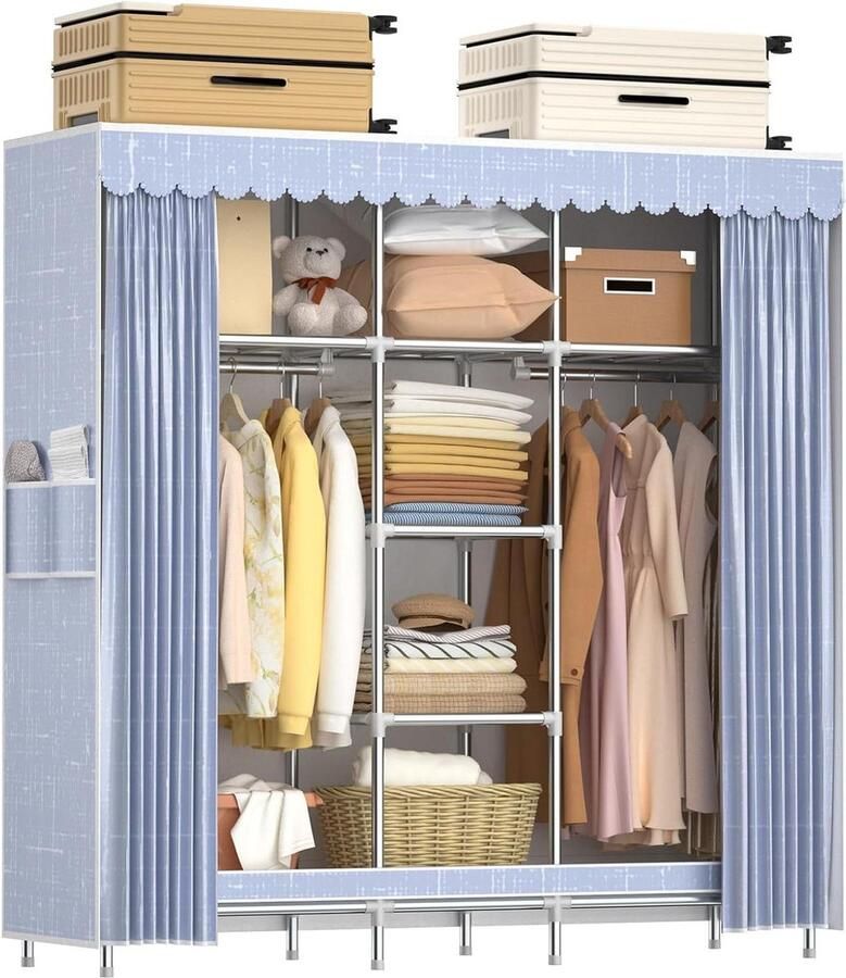 Canvas Draagbare kledingkast met planken kledingopslag oplossing 20 mm gelegeerd stalen staaf voor 2 hangende railkasten slaapkamer woonkamer 163 x 45 x 170 cm (grijs) Kledingkast