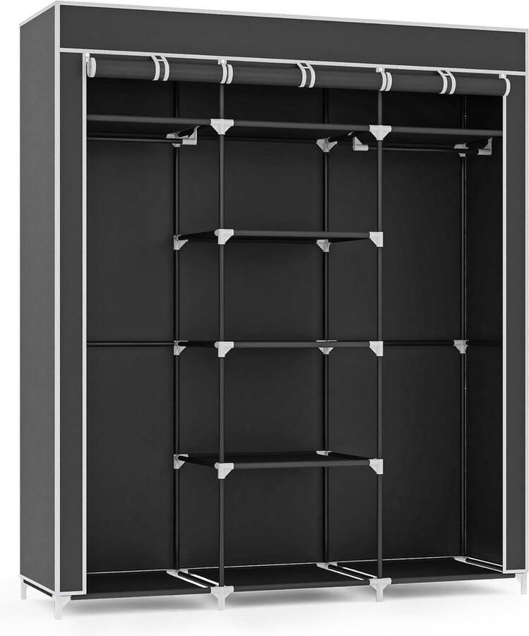 Canvas garderobe voor slaapkamer opbergorganizer met kledingrails 175 x 150 x 45 cm kledingkast