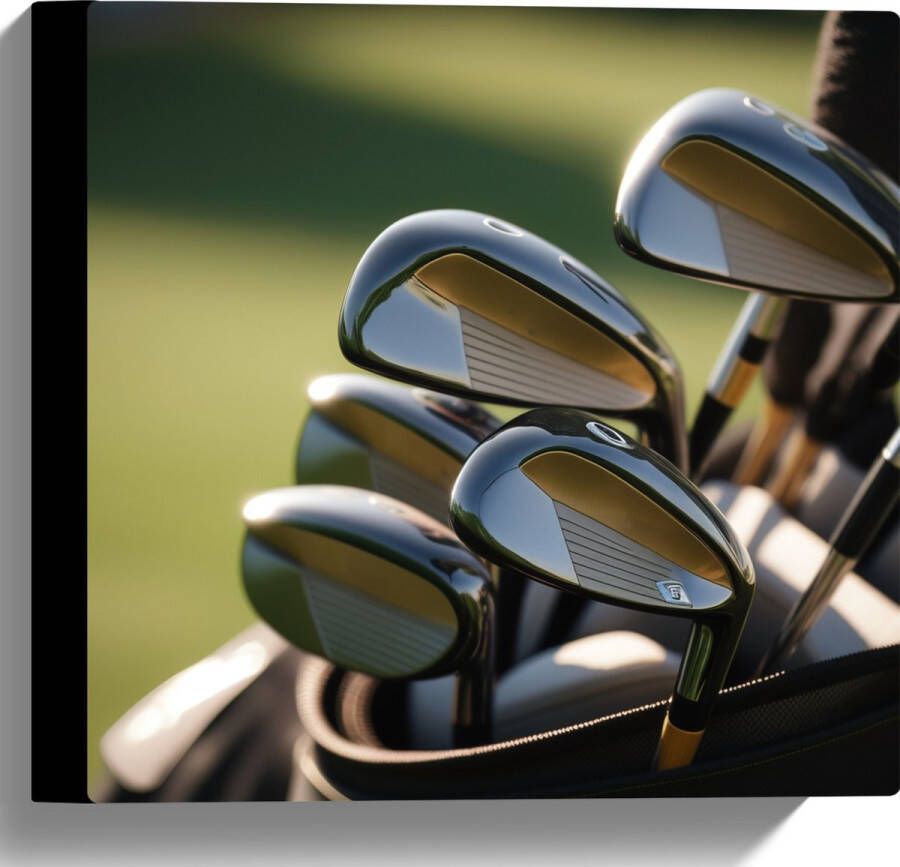 Canvas Golf Clubs in Trolley op Golfbaan 30x30 cm Foto op Canvas Schilderij (Wanddecoratie op Canvas)